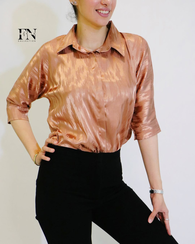 شومیز مجلسی زنانه کیمونو طرح ژاکارد رنگ آجری