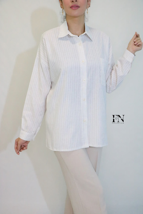 شومیز زنانه تک جیب لینن نچرال سفید راهریز فری سایز خنک و راحت