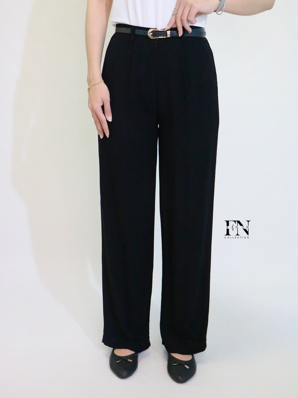 شلوار زنانه نیم بگ لینن مشکی با فرم آزاد و تنخور شیک