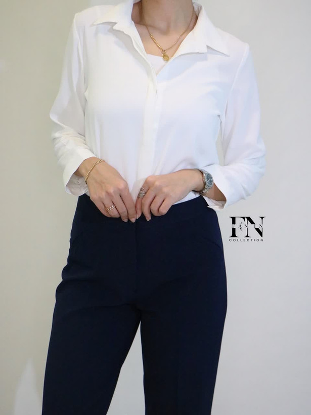 شومیز زنانه بیسیک یقه مردانه ساتن سفید مناسب استایل روزمره